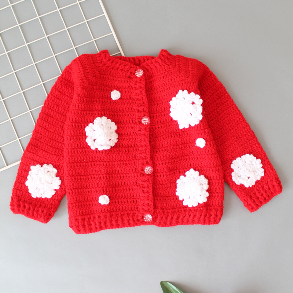 Vibrant Red Cardigan Sweater With Floral Emboidery